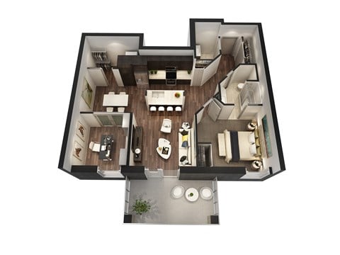 Floor plan for 1 bed, 1 bath, 945 sqft